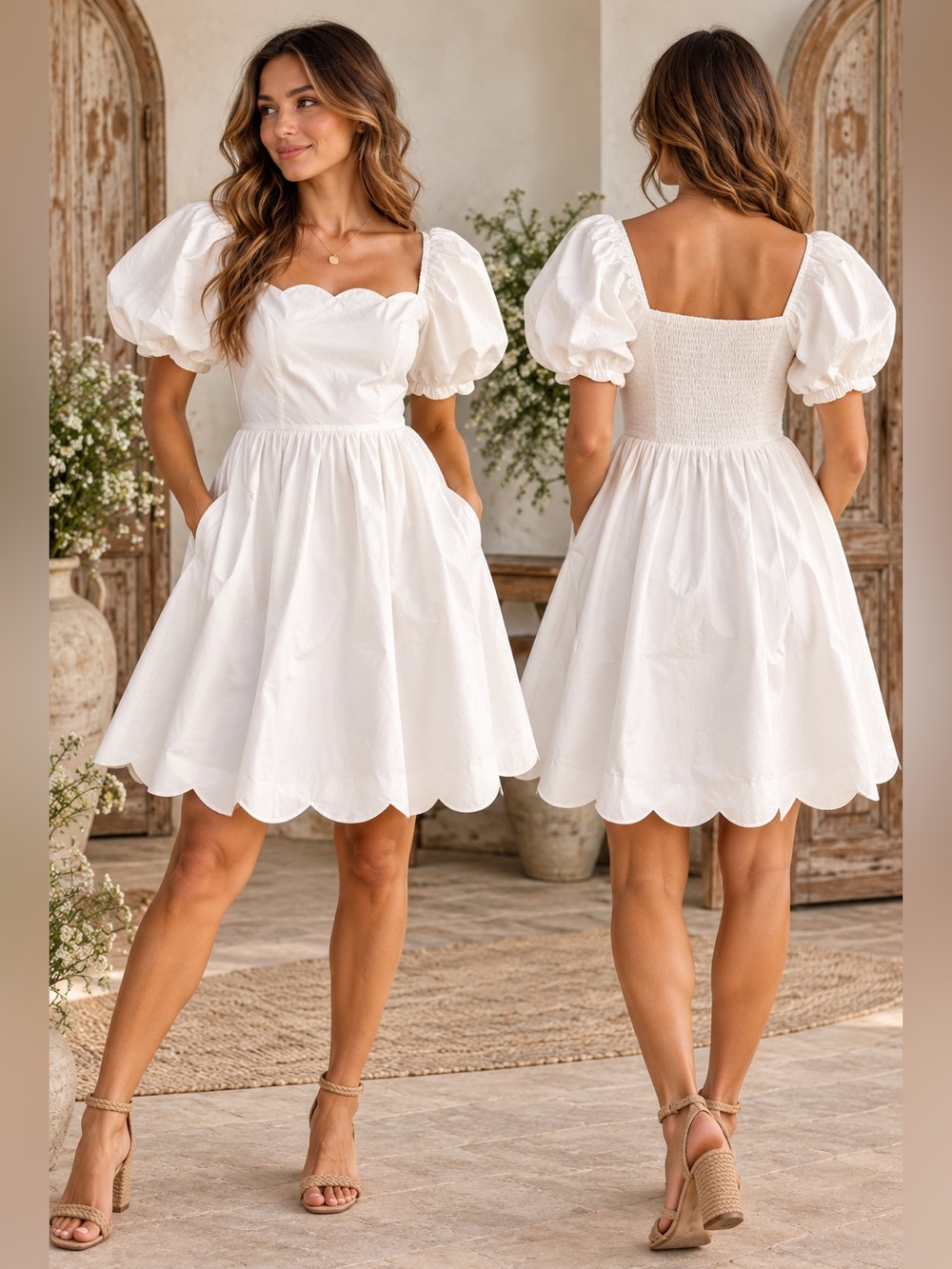 NWT Jodifl White Puff-Sleeve Scallop Hem Mini Dress with Pockets